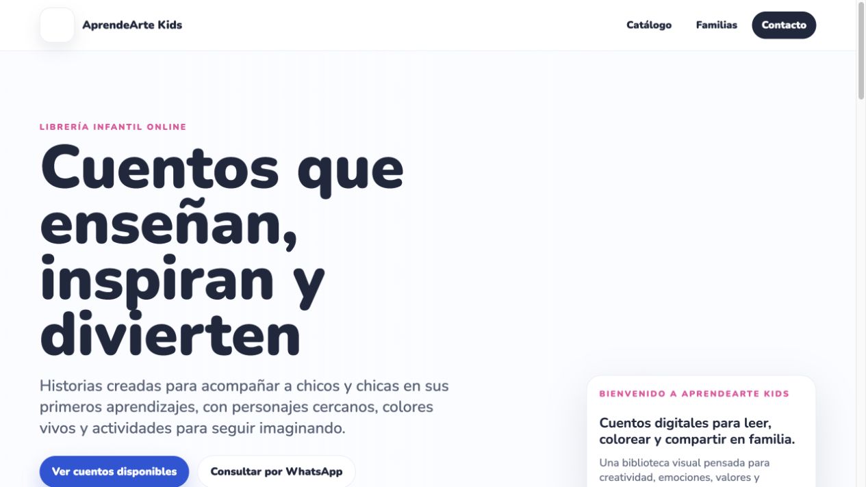 Página pública de AprendeArte Kids implementada con Upasite